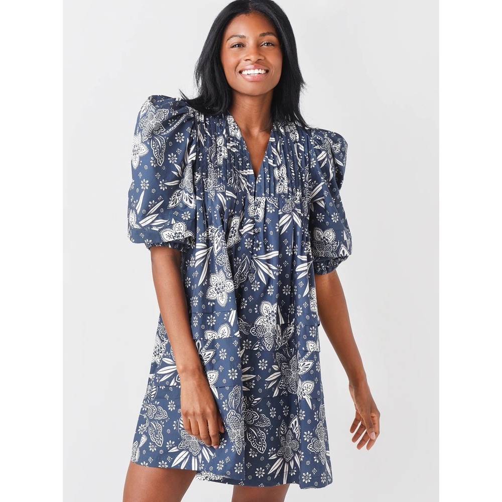 HUNTER BELL jerkins printed floral tunic dress mini L boho cotton beautiful